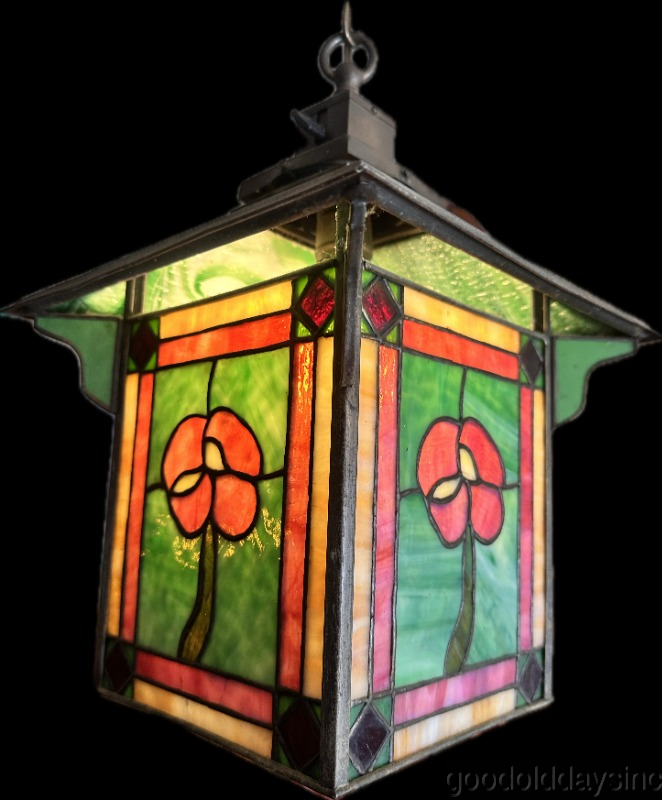 Antique Arts Crafts Prairie Style Light Fixture Lamp Shade Stained Leaded Glass