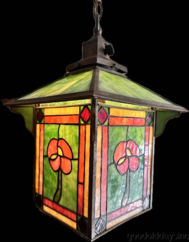 Antique Arts Crafts Prairie Style Light Fixture Lamp Shade Stained Leaded Glass