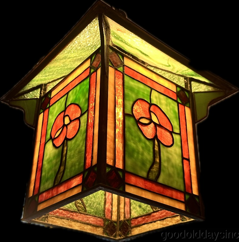 Antique Arts Crafts Prairie Style Light Fixture Lamp Shade Stained Leaded Glass
