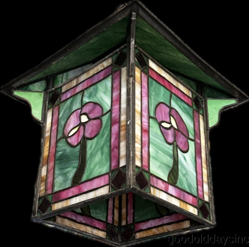 Antique Arts Crafts Prairie Style Light Fixture Lamp Shade Stained Leaded Glass