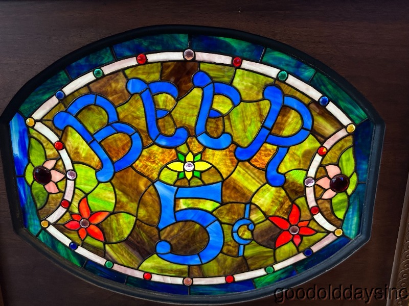 Beautiful Stained Glass Window w/ Flowers & Jewels Beer 5 cents Light Box Sign