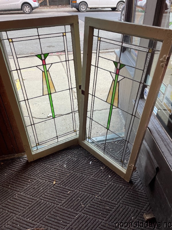 Pair of Arts & Crafts Stained Leaded Glass Windows from Chicago Circa 1910 45x24