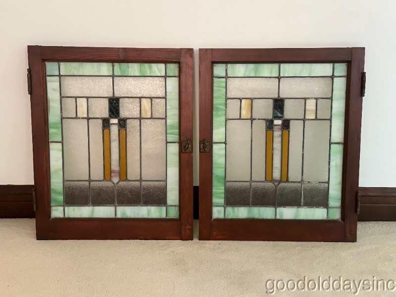  Pair of Antique Stained Leaded Glass Privacy Windows Circa 1925 29" x 24"