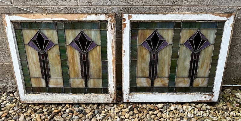 Wow Colorful Antique Pair of Art Deco Stained Leaded Glass Windows 28"x23"