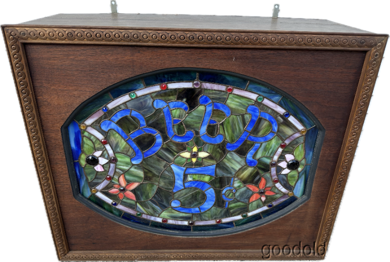 Beautiful Stained Glass Window w/ Flowers & Jewels Beer 5 cents Light Box Sign