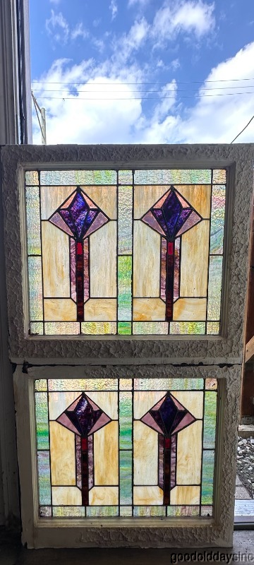 Wow Colorful Antique Pair of Art Deco Stained Leaded Glass Windows 28"x23"