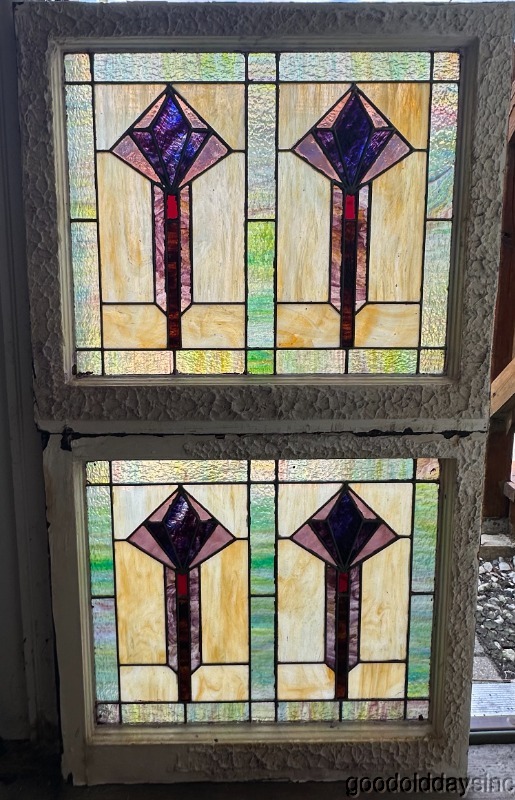 Wow Colorful Antique Pair of Art Deco Stained Leaded Glass Windows 28"x23"