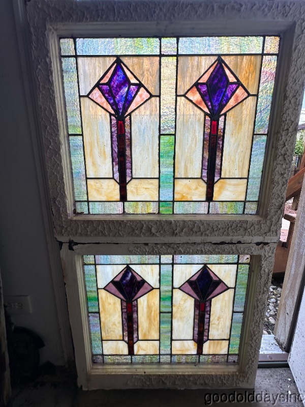 Wow Colorful Antique Pair of Art Deco Stained Leaded Glass Windows 28"x23"