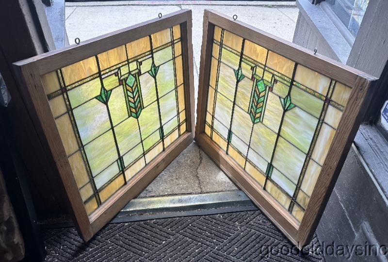 Beautiful Pair of Antique Arts & Crafts Stained Leaded Glass Windows 34" x 29"