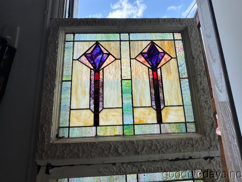Wow Colorful Antique Pair of Art Deco Stained Leaded Glass Windows 28"x23"
