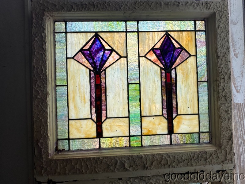 Wow Colorful Antique Pair of Art Deco Stained Leaded Glass Windows 28"x23"
