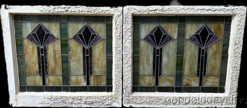Wow Colorful Antique Pair of Art Deco Stained Leaded Glass Windows 28"x23"