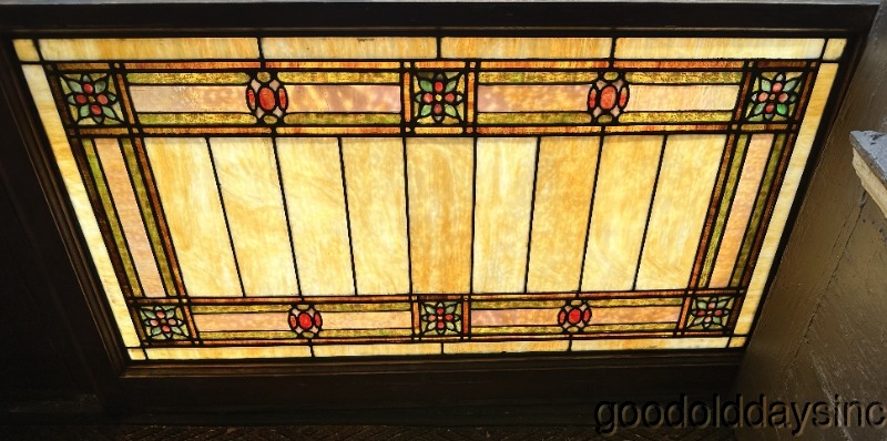 Antique Arts & Crafts Stained Leaded Glass Transom Window 44" x 24.5" circa.1900