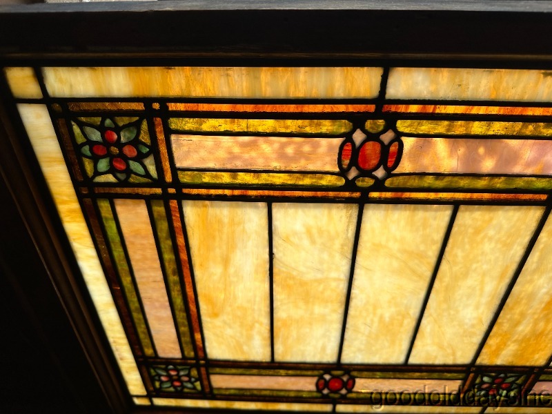 Antique Arts & Crafts Stained Leaded Glass Transom Window 44" x 24.5" circa.1900