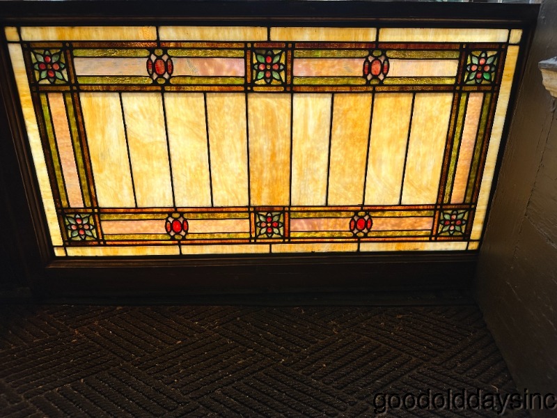 Antique Arts & Crafts Stained Leaded Glass Transom Window 44" x 24.5" circa.1900