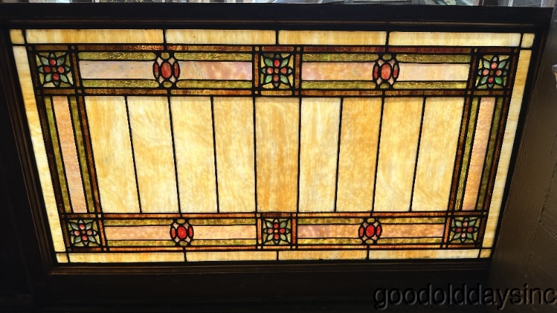 Antique Arts & Crafts Stained Leaded Glass Transom Window 44" x 24.5" circa.1900