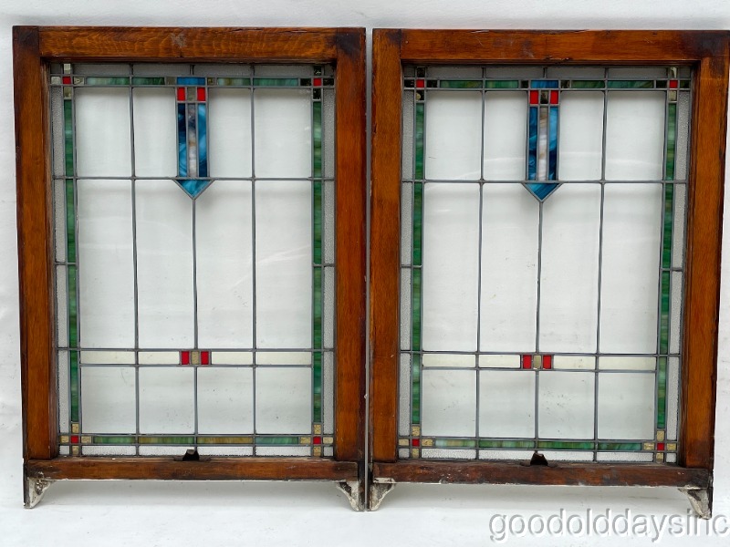 Pair of Antique 1920s Chicago Bungalow Style Stained Leaded Glass Windows