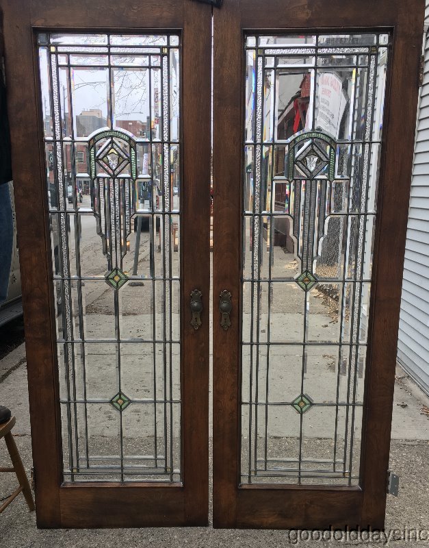 Wonderful Pair of Beveled & Stained Glass French Doors