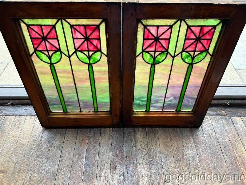 Wonderful Pair of Small Stained Leaded Glass Window Circa 1910