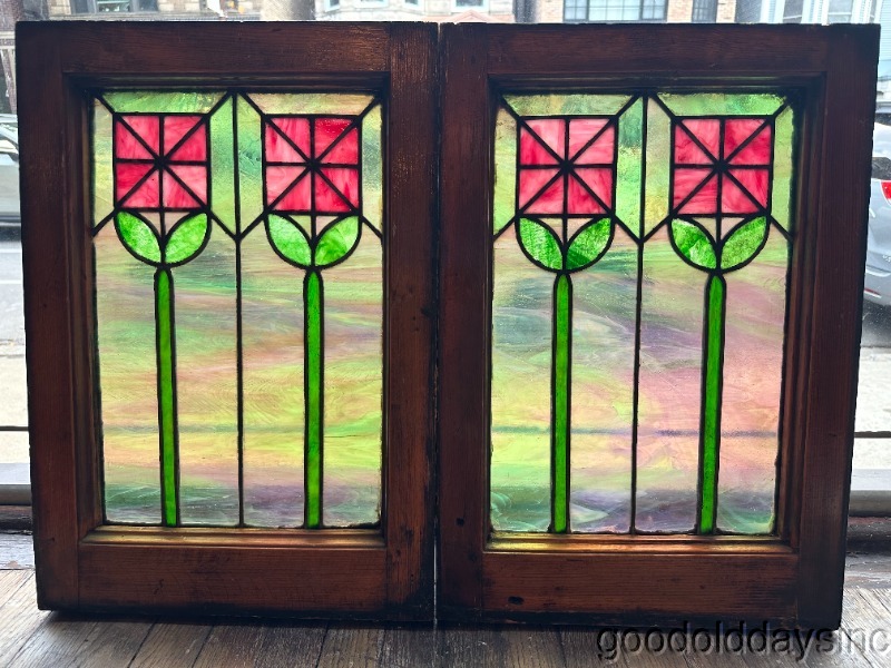 Wonderful Pair of Small Stained Leaded Glass Window Circa 1910