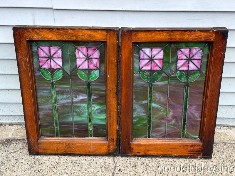 Wonderful Pair of Small Stained Leaded Glass Window Circa 1910