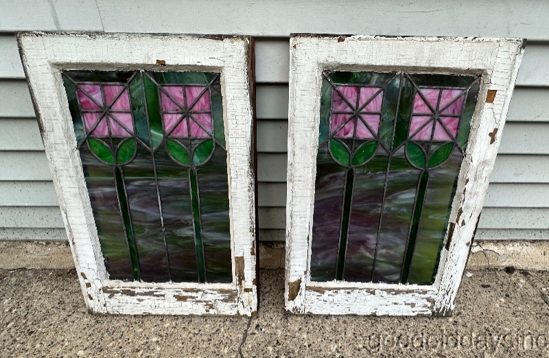 Wonderful Pair of Small Stained Leaded Glass Window Circa 1910