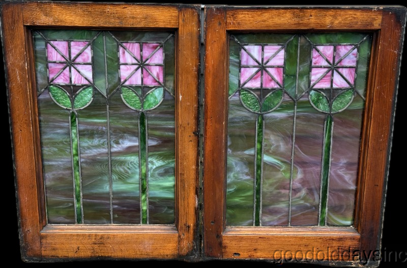 Wonderful Pair of Small Stained Leaded Glass Window Circa 1910