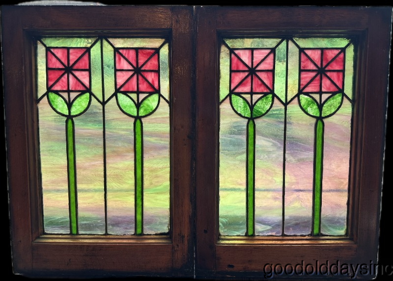 Wonderful Pair of Small Stained Leaded Glass Window Circa 1910