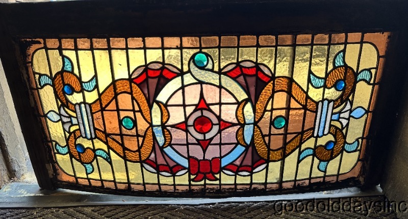 Beautiful Antique 1890's Stained Leaded Glass Curved Transom Window w/ Jewels