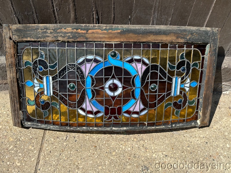 Beautiful Antique 1890's Stained Leaded Glass Curved Transom Window w/ Jewels