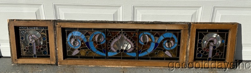 Antique Victorian 1890s Stained Leaded Glass Transom Windows 3pc. Set Bevels & Jewels