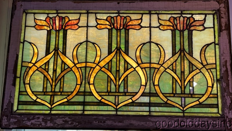 Antique Chicago Art Nouveau Stained Leaded Glass Window Circa. 1910 44" x 26"