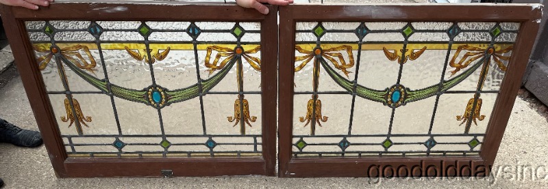 Wow Antique Pair of Stained and Painted Leaded Glass Transom Windows Circa. 1910