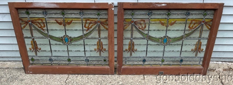 Wow Antique Pair of Stained & Painted Leaded Glass Transom Windows Circa. 1910