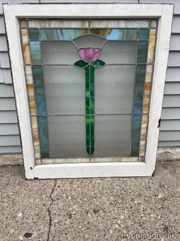 Antique Chicago Bungalow Style Stained Leaded Glass Window 33" x 28" Circa 1920