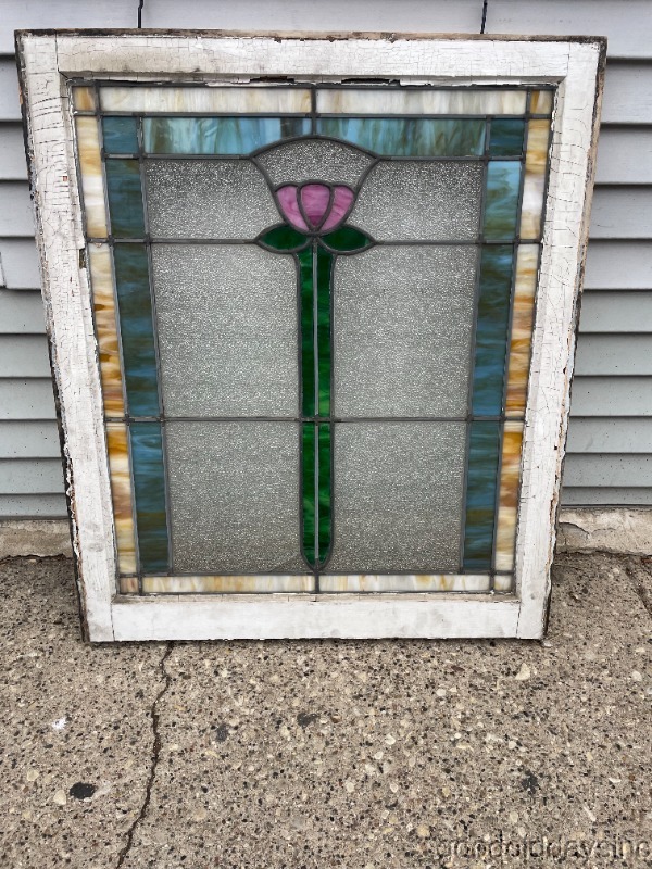 Antique Chicago Bungalow Style Stained Leaded Glass Window 33" x 28" Circa 1920