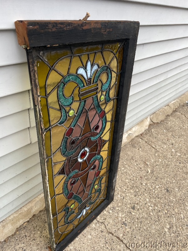 Antique Victorian Stained Leaded Glass Transom Window w/ Jewels 36" x 17"