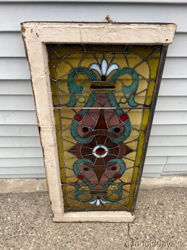 Antique Victorian Stained Leaded Glass Transom Window w/ Jewels 36" x 17"