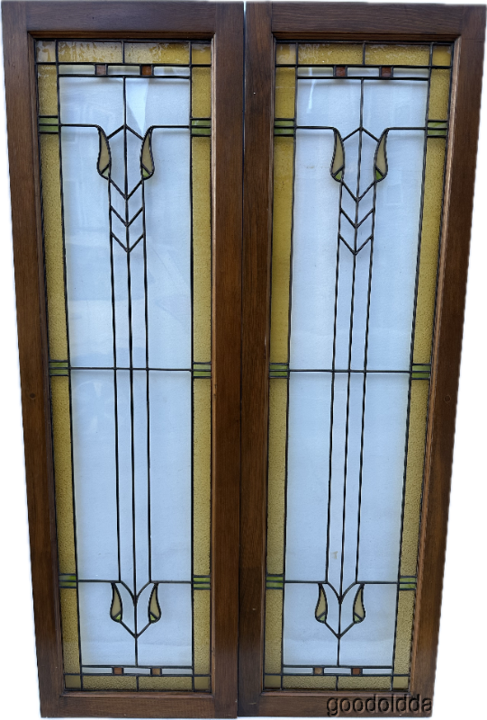 Wonderful Pair of Prairie Style Stained Glass Windows Cabinet Doors Circa 1910