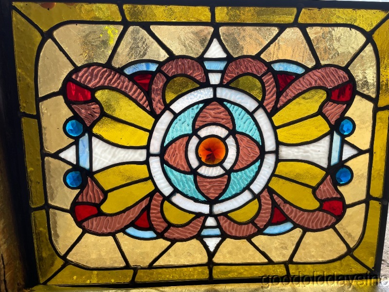 Antique Colorful Victorian Stained Leaded Glass Window with Jewels 18" x 14"
