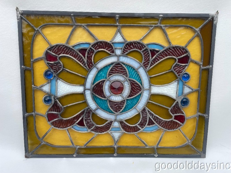 Antique Colorful Victorian Stained Leaded Glass Window with Jewels 18" x 14"