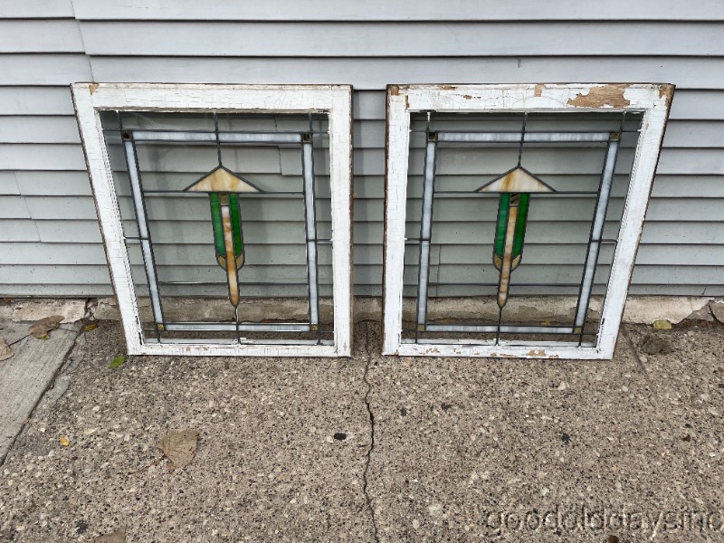 Pair of 1920's Chicago Bungalow Stained Leaded Glass Windows 29" x 26"