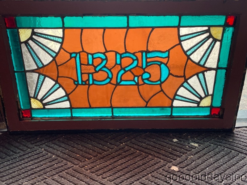Antique Stained Leaded Glass Transom Address Window 1325 - 32" x 18" Circa 1900
