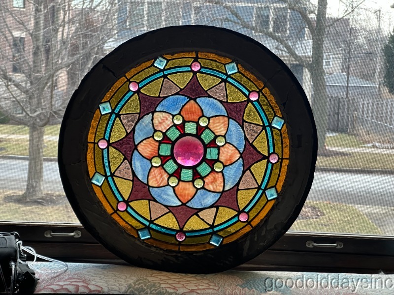 Wow Beautiful Victorian Stained Glass Round Window with Jewels