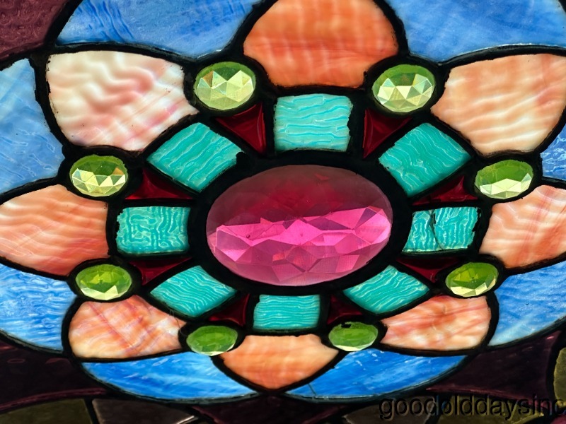 Wow Beautiful Victorian Stained Glass Round Window with Jewels