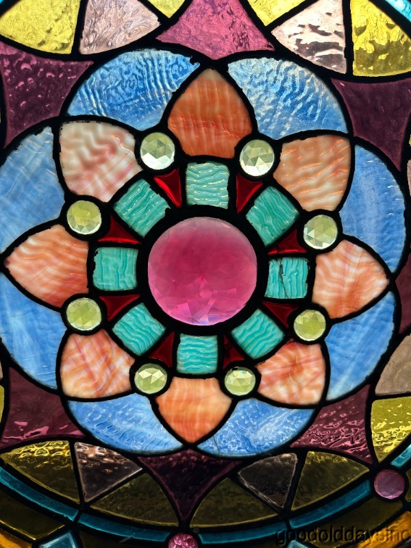 Wow Beautiful Victorian Stained Glass Round Window with Jewels