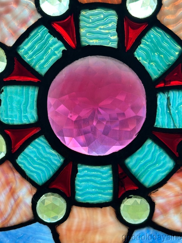 Wow Beautiful Victorian Stained Glass Round Window with Jewels