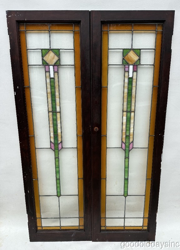 Pair of Stained Leaded Glass Cabinet Doors / Windows Circa 1920 Window 51" x 15"