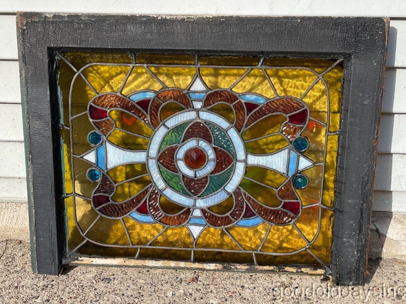 Beautiful Antique Chicago 1880s Victorian Stained Leaded Glass Window w/ Jewels