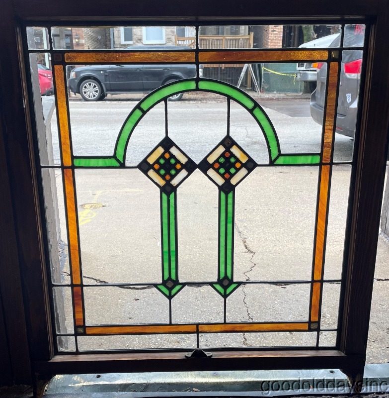 Antique Chicago Bungalow Art Deco Stained Leaded Glass Window 34" x 30"